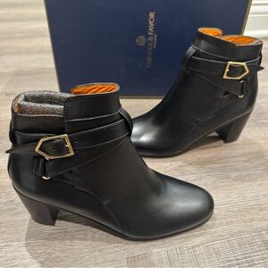 Fairfax & Favor Kensington Ankle Black Leather Wrap Buckle Heeled Bootie Boots